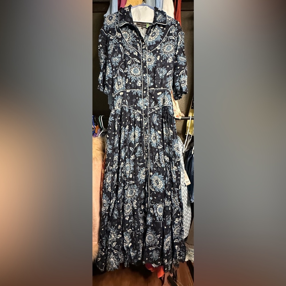 Double D Ranch Navy Blue and White Paisley Long Sleeve Maxi Dress